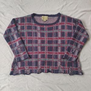 🔴 Wildfox Wool Blend Distressed Red & Blue Plaid Sweater Extra Small